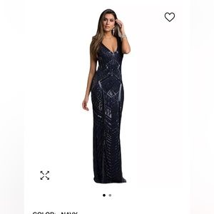 Navy beaded long event dress, size 8.